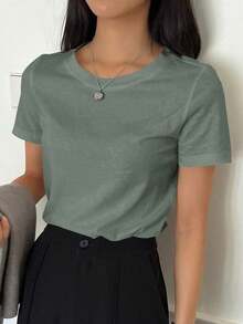 Camiseta de cuello redondo de manga corta de unicolor versátil y casual, tops estilo universitario - Verde - Ver 6
