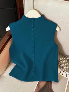 Suéter de mujer de punto con cuello alto, sin mangas, diseño de botones, suelto y casual, color rojo, para primavera/otoño - Agua verde azul - Ver 6