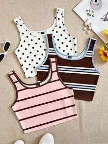 Set de 3 camisetas sin mangas minimalistas y casuales con estampado de lunares y rayas, adecuado para el verano - Multicolor 15 - Ver 7