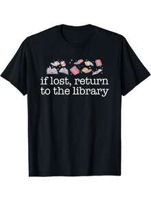 Camiseta de Algodn 100% para Hombre, Cuello Redondo y Manga Corta, Estampado Gr£fico "Si se Pierde, Devolver a la Biblioteca" para Amantes de los Libros, Diseo Fantasioso de Biblioteca, Ajuste Regular, 180 Gsm, Lavable a M£quina, Camiseta Negra Casual para Lectores, Ratones de Biblioteca, Ropa de - Negro - Ver 2