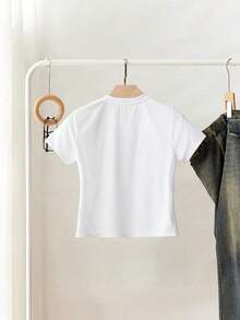 Camiseta de manga corta de unicolor con decoración de tachuelas en forma de corazón, de uso versátil y casual - Blanco 2 - Ver 2
