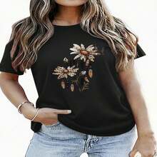 1 pieza de playera de manga corta 100% algodón, cuello redondo casual con estampado, vetas deportivas de leopardo con flores sin abrir, manga corta transpirable para uso diario - Negro - Ver 2