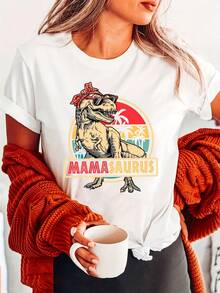 Camiseta con estampado gráfico, top casual de manga corta y cuello redondo para verano y primavera, ropa de mujer - Blanco - Ver 7
