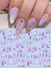 5D Lavender Nail Stickers Elegant Gardenia Jasmine Bow Floral Wreath Striped Line Design DIY Romantic Spring Summer Floral Print Fashion Wedding Self-Adhesive Nail Art Salon Nail Decals Nail Supplies - Multicolor - View 2