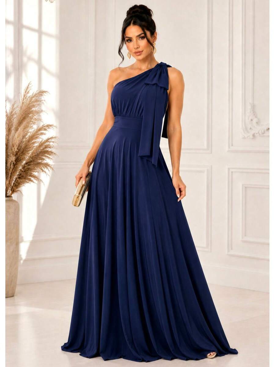 Bridesmaid Dress For Graduation Without Glitter, Nude Rose, Terracotta, Serenity, Olive, Black Or Fuchsia, Bow, One Shoulder. - 藏蓝色 - 查看 1