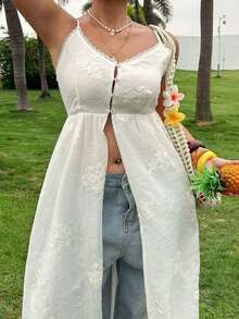 Plus Camiseta y top sin mangas de talla grande de unicolor, de longitud maxi, con textura bordada, elegante para vacaciones de verano - Blanco - Ver 7