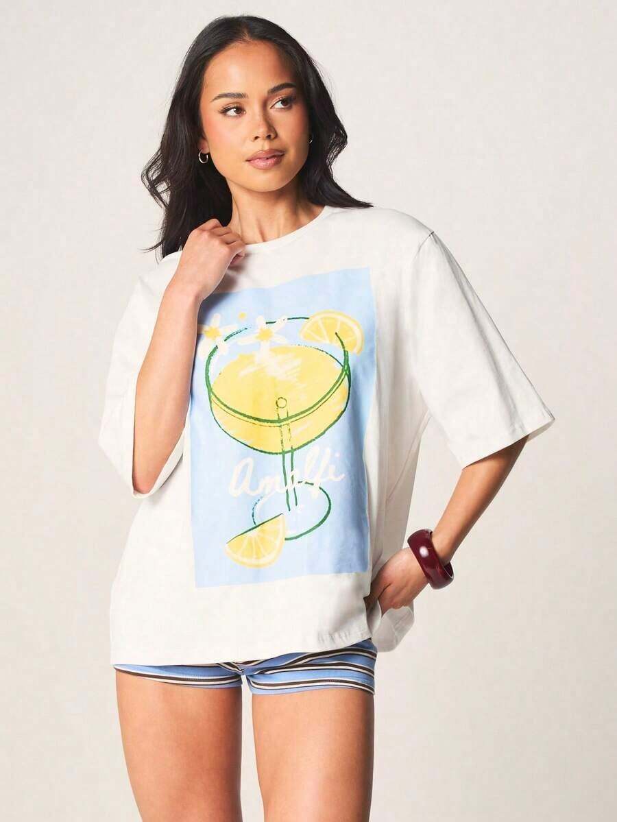 Camiseta gráfica oversize con estampado de margarita, de manga corta y cuello redondo, top casual de verano-Vintage Street Style Unisexoose Cotton Short Sleeve Crew Neck T-Shirt - Blanco - Ver 1