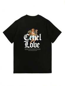 Camiseta de manga corta para mujer de 180 g con estampado Cruel Love Angel, camiseta holgada informal para vacaciones de verano, perfecta para reuniones familiares, regalos para actividades de building en la oficina, moda 2024 - Camiseta unisex de algodón holgada de manga corta y cuello redondo estilo vintage urbano. - Negro - Ver 2