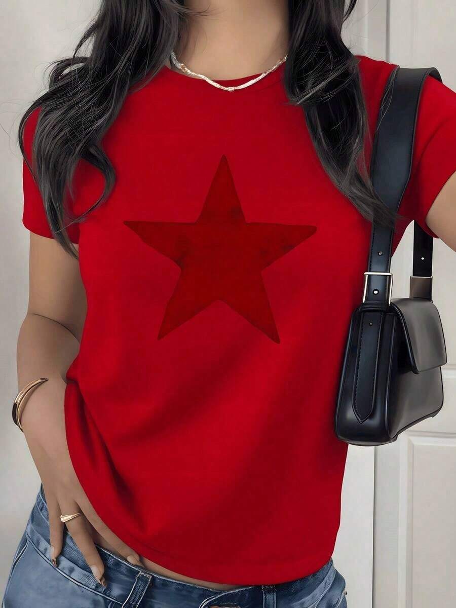 Camiseta con Estampado Gráfico de Estrella Roja, 180g, 1 Pieza, Estilo Casual para Mujer, 100% Algodón, Estilo Minimalista Streetwear - Rojo - Ver 1
