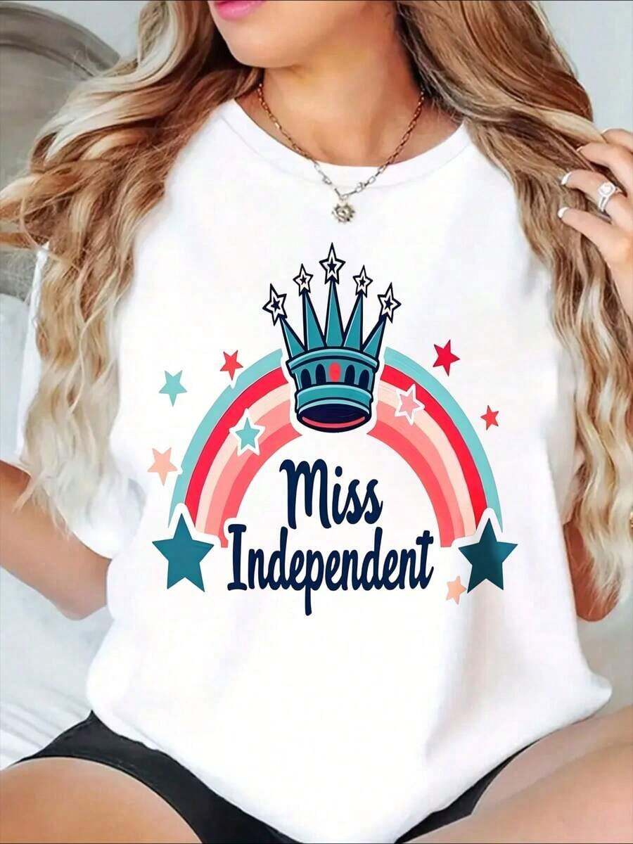Camiseta Gráfica Miss Independent Crown Rainbow Stars para Mujer, Camiseta de Moda, Ropa Casual para Atuendos Diarios y Ocasiones Especiales - Estilo Urbano Vintage, Unisex, de Algodón, Manga Corta, Cuello Redondo, 100% Algodón - Blanco - Ver 1