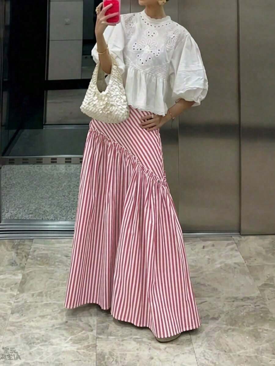Falda A-Line de patchwork a rayas, falda de mujer minimalista casual y versátil, falda holgada y fluida, falda con diseño a rayas rosas, falda para vacaciones en la playa, adecuada para el trabajo y el uso diario, falda de estilo francés desenfadado color rojo - Negro - Ver 1