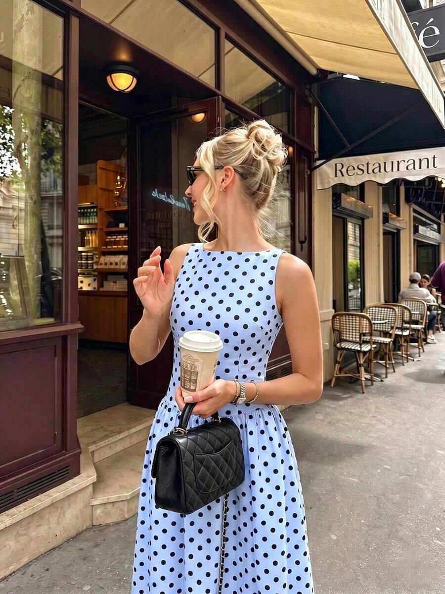 2026 Nuevo vestido azul de primavera/verano para mujer, de estilo casual y elegante para vacaciones, con cuello cuadrado sin mangas, ajustado a la cintura y corte evasé, con estampado de lunares, adecuado para festival de música, estilo callejero, fiesta, cumpleaños, vacaciones y ocasiones formales - Blanco - Ver 1