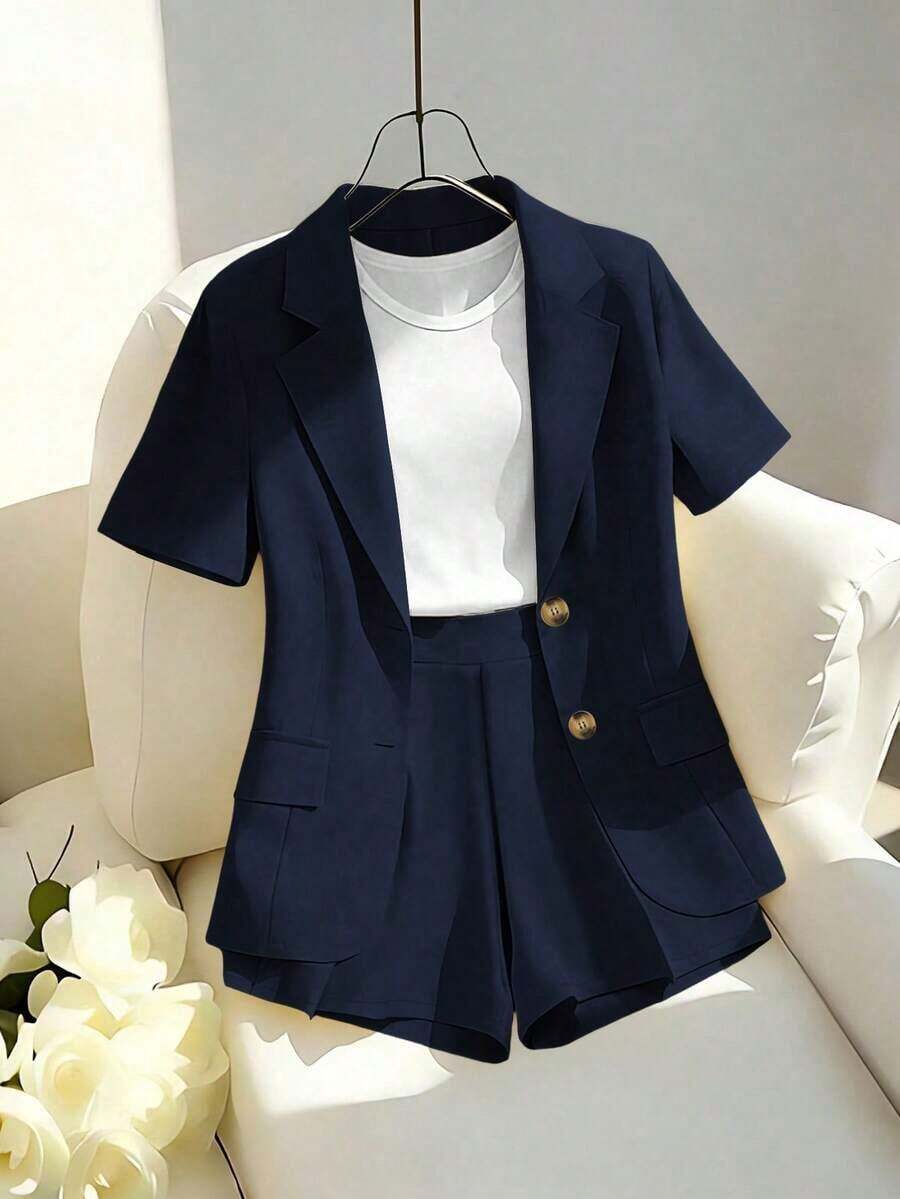 Conjunto de atuendo casual elegante para ir al trabajo, incluye chaqueta tipo blazer de manga corta amarilla y conjunto de pantalones cortos/pantalones de pierna ancha, para mujer en primavera/verano - Azul marino - Ver 1