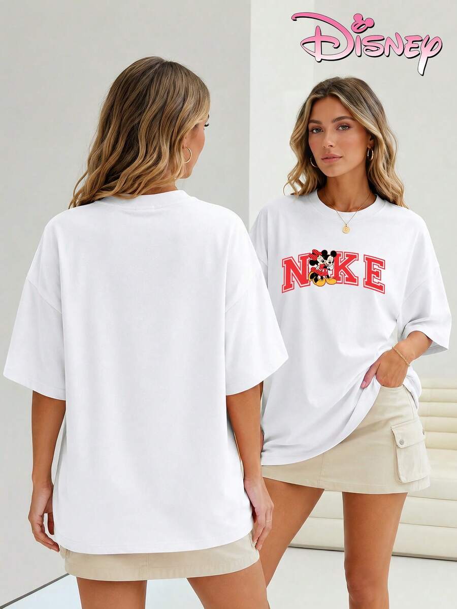 Women's Pure Cotton T-Shirts, Disney Minnie Mouse Co-Branded Print, Simple Color-Blocking Design, American Retro Style, Suitable For Daily Commutes, Casual Outings, And Sophisticated Looks. - White - View 1