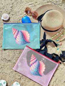 Multi-Color Waterproof Fashion Mesh Beach Bag, Featuring Vibrant "Shell" Pattern Design, This Beach-Themed Cosmetic Bag Has Large Capacity, Transparent Design, Equipped With Nylon Zipper. - Multicolor - View 9