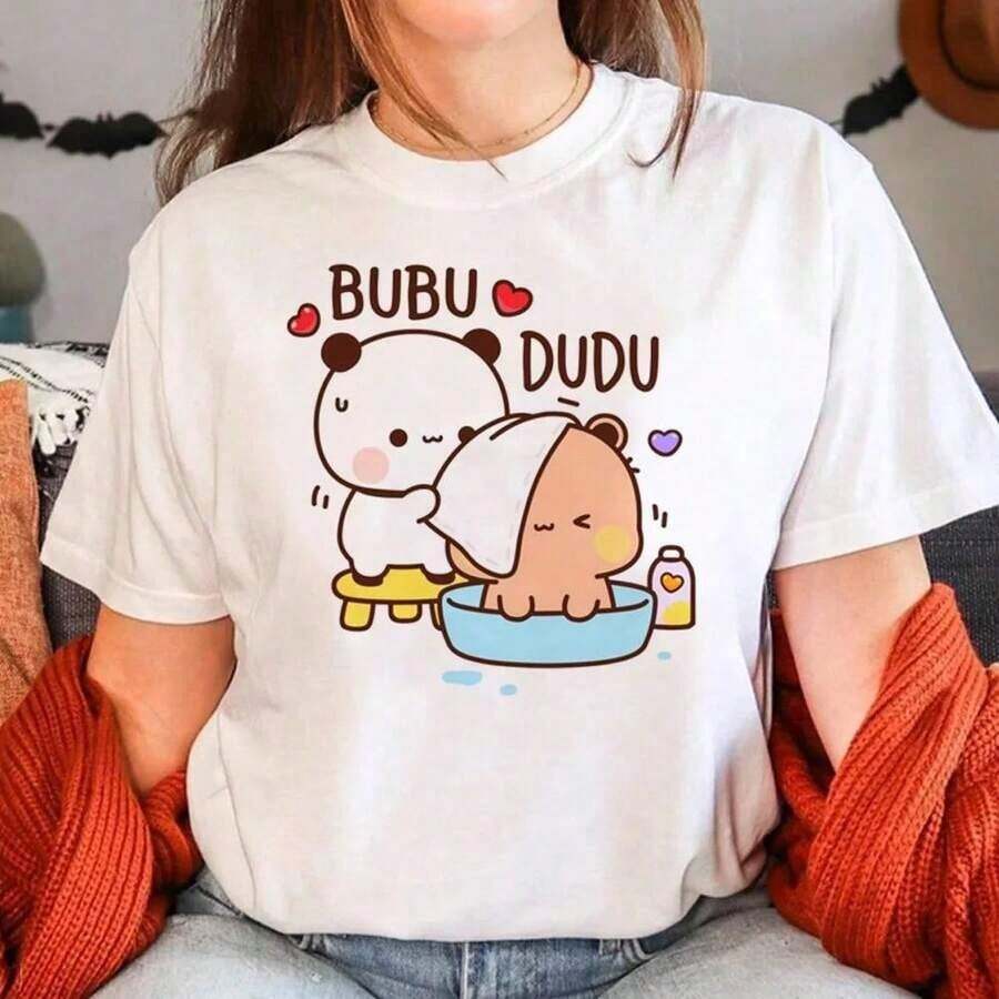 COOL SUMMER Cute Short Sleeve Cotton T-Shirt With And Print, Anime Style, Cartoon Fashion For Women And Girls, Kawaii Top | Exquisite Design | Loose And Comfortable | Easy To Match | - 白色 17 - 查看 1