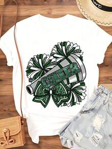 1 camiseta de animadora con diseño de pompones verdes y megáfono para eventos de animación y ropa de espíritu de equipo, 180g 100% algodón. - Blanco - Ver 3