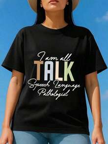 Camiseta de manga corta para mujer, cuello redondo, de algodón, con estampado gráfico de texto en negro, estilo casual, para terapeutas del habla y logopedia. - Negro - Ver 8