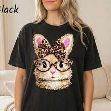 short-sleeveCamiseta cómoda y linda con diseño de conejito, camiseta de conejito de Pascua para mujer, camiseta con lazo de conejo, camiseta con diseño de animal, regalo de Pascua, solo impresión - no es real, falso o de hilo100% Cotton - Negro - Ver 1
