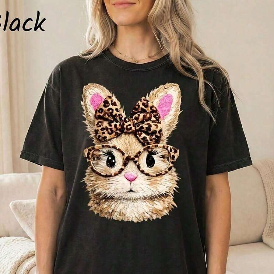 short-sleeveCamiseta cómoda y linda con diseño de conejito, camiseta de conejito de Pascua para mujer, camiseta con lazo de conejo, camiseta con diseño de animal, regalo de Pascua, solo impresión - no es real, falso o de hilo100% Cotton - Negro - Ver 1