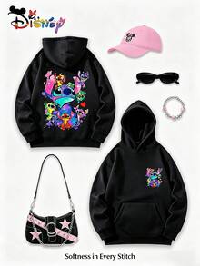 Disney Stitch Experiment Series Y2K Pattern Hoodie. Double-Sided Colorful Graffiti Print Hoodie. Loose Fit, Versatile, And Perfect For Holiday Gifting. (Women's Autumn/Winter Clothing/Elegant Women's Outfits/Patterned Hoodies/Printed Tops/Casual Outfits For Women/Women Trending Now/Holiday Co-Ord/Plus Size Friendly) - Black - View 1