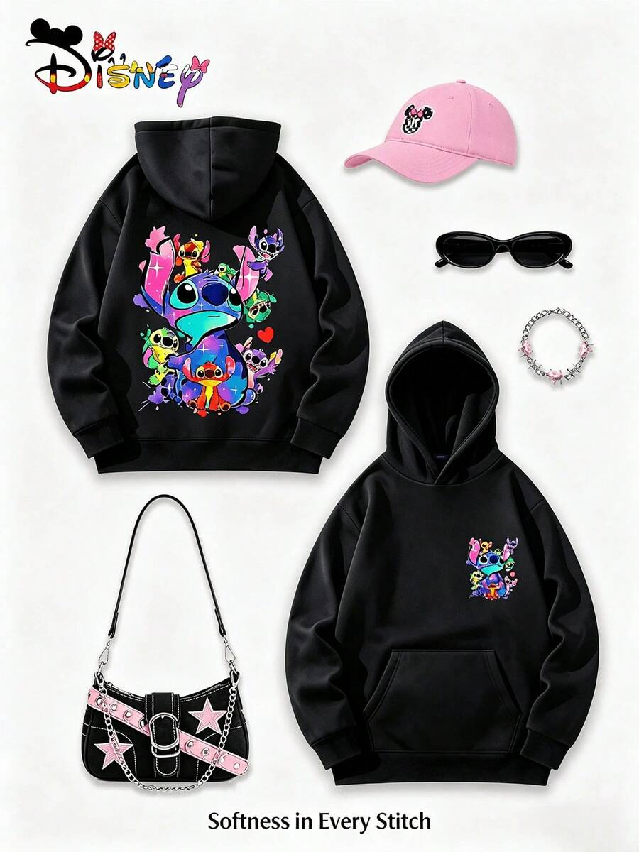 Disney Stitch Experiment Series Y2K Pattern Hoodie. Double-Sided Colorful Graffiti Print Hoodie. Loose Fit, Versatile, And Perfect For Holiday Gifting. (Women's Autumn/Winter Clothing/Elegant Women's Outfits/Patterned Hoodies/Printed Tops/Casual Outfits For Women/Women Trending Now/Holiday Co-Ord/Plus Size Friendly) - Black - View 1