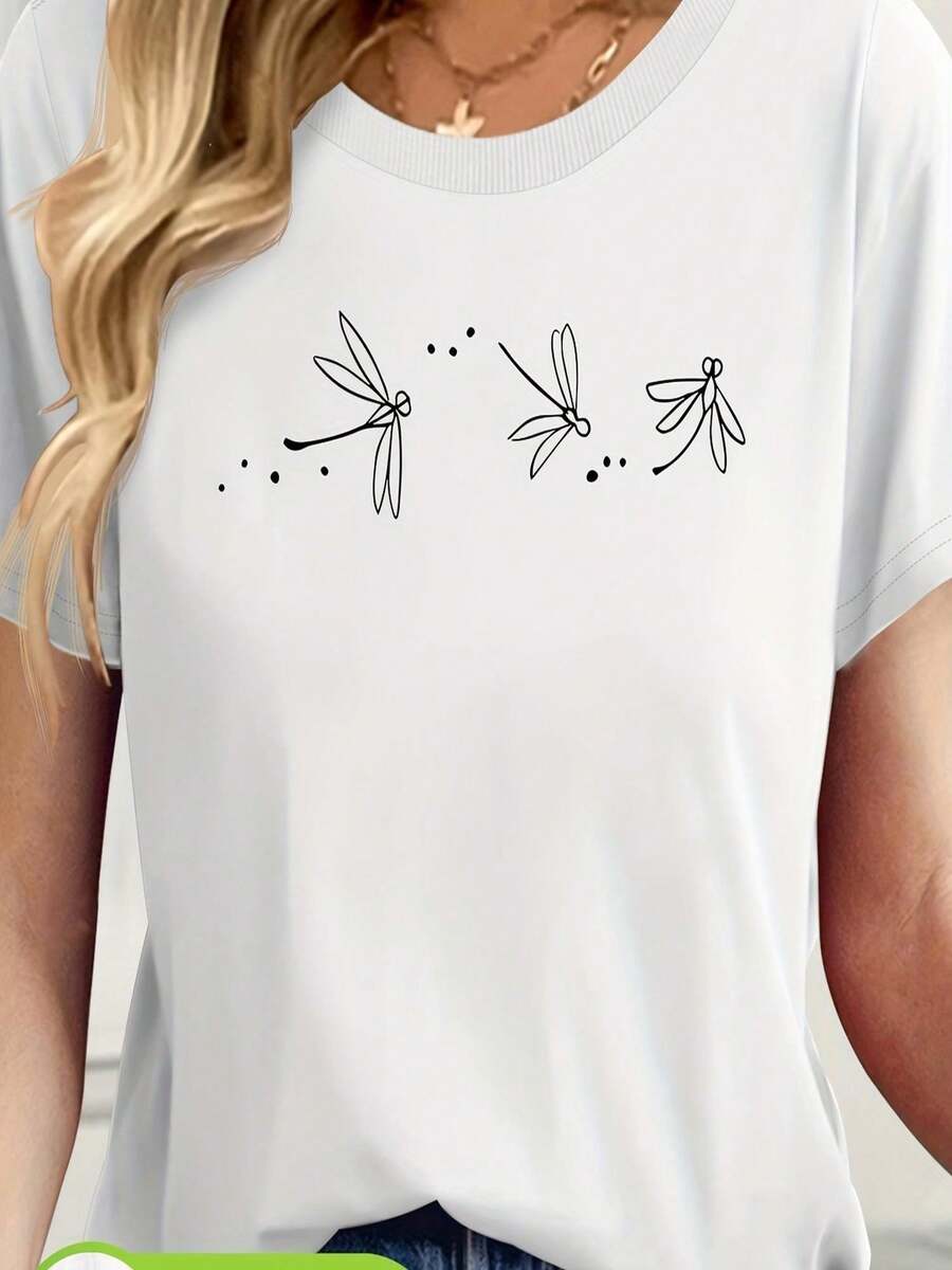Camiseta Premium para Mujer con Estampado de Mariposas y Libélulas - Top de Manga Corta con Cuello Redondo Suave |   Camisa casual lavable a máquina, adecuada para usar en primavera y verano, corte holgado para uso diario (no transparente), ecológica. - Blanco - Ver 1