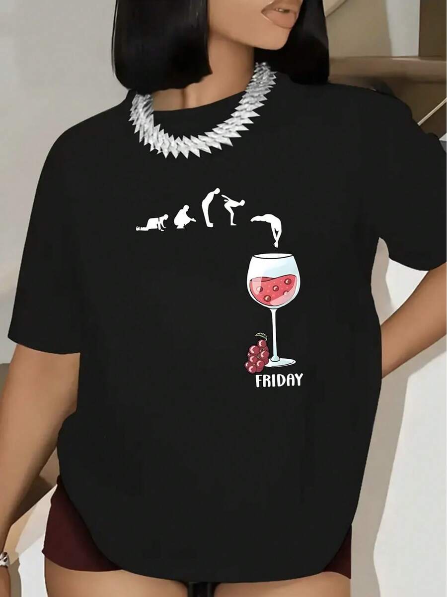 Camiseta Casual Ligera de Poliéster de Manga Corta para Mujer - Estampado de Copa de Vino y Gato, Cuello Redondo, Color Negro, Elegante y Casual para el Hogar, Restaurante, Fiesta - Duradera y Lavable a Máquina, Adecuada para Todas las Temporadas para Mujeres - Negro - Ver 1