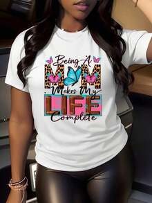 Ropa de talla grande para mujer, camiseta estampada con la frase "Ser madre, la vida está completa" -- Regalo para el Día de la Madre, estampado de mariposas y flores coloridas, top casual de manga corta con cuello redondo, suave y elástico, adecuado para primavera, verano y otoño, estilo cómodo tipo pullover, un regalo considerado para mamá en el Día de la Madre -- Estilo casual diario, talla grande, camiseta de manga corta con cuello redondo, suave y cómoda, para mujeres con curvas, blusa casual mujer, playeras de mujer algodón. - Blanco - Ver 7