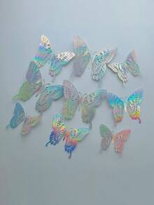 12pcs/Pack Hollow Ombre Pink Butterfly Decorative Stickers, Faux Butterflies For Home Party Wall Decor - Multicolor - View 2