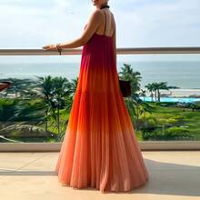 Women's Ombre Chiffon Maxi Dress - Spaghetti Strap V-Neck Tiered Pleated Flowy Summer Vacation Dress - 紅色 - 查看 7