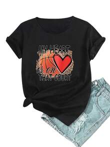 Camiseta de Estilo Y2K con Estampado de Corazón para Mujeres de Talla Grande - Cómoda y Holgada, Camiseta Casual de Poliéster para el Trabajo, Hogar o Salidas - Negro - Ver 1
