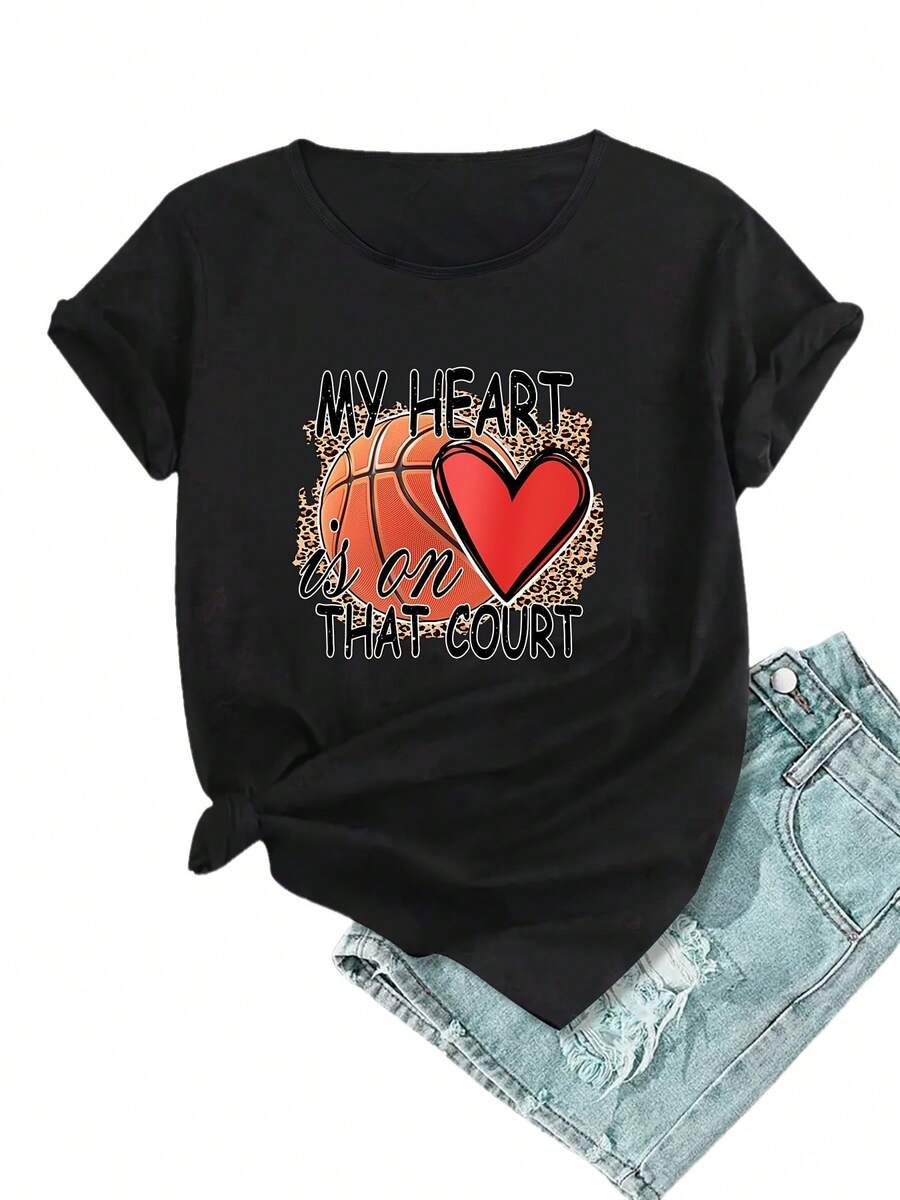 Camiseta de Estilo Y2K con Estampado de Corazón para Mujeres de Talla Grande - Cómoda y Holgada, Camiseta Casual de Poliéster para el Trabajo, Hogar o Salidas - Negro - Ver 1