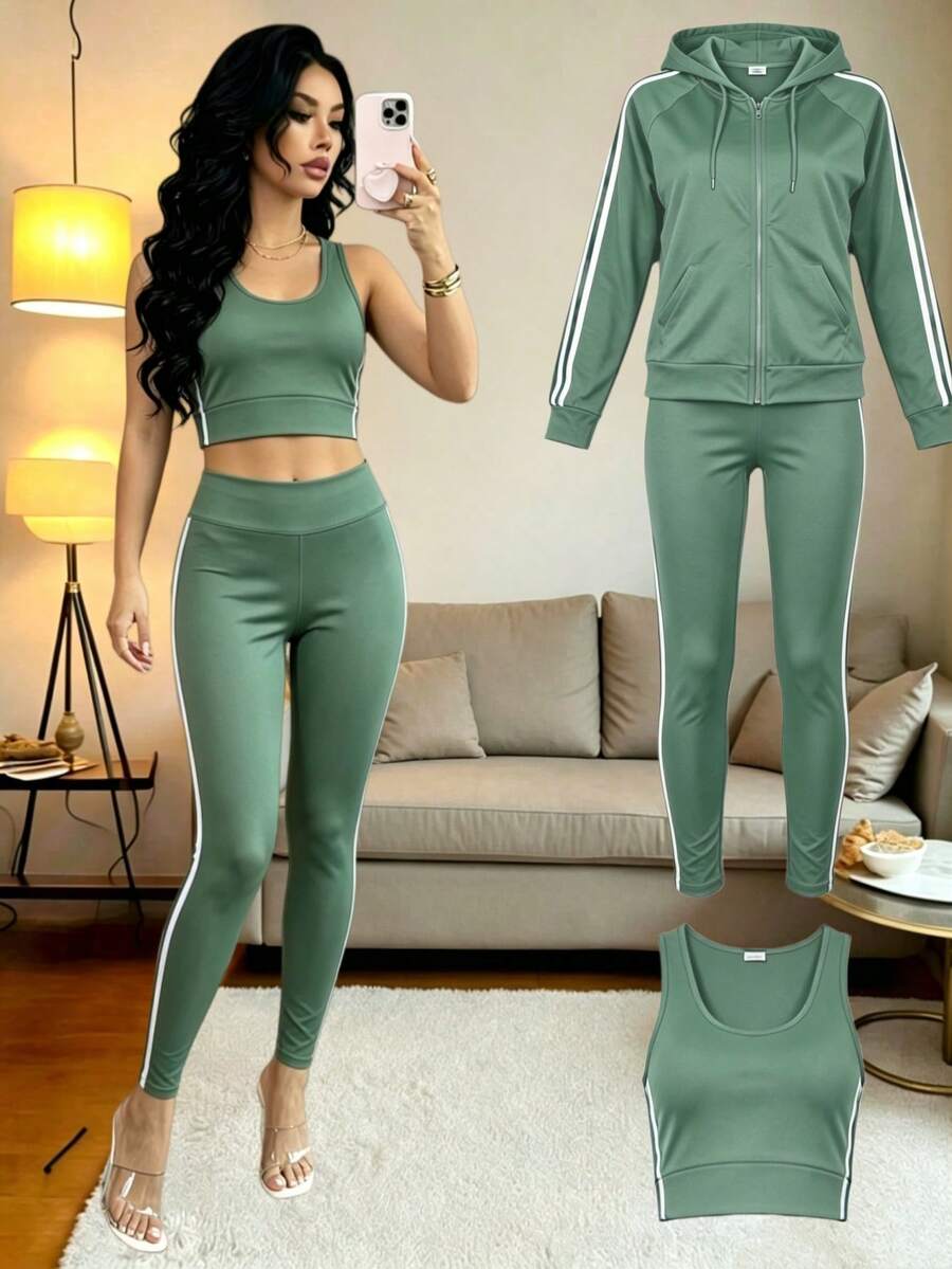 Conjunto de 3 piezas de ropa deportiva para mujer que incluye: Cárdigan con cremallera de punto negro + Top de tirantes + Pantalones - Verde militar - Ver 1
