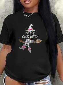 Camiseta de manga corta, decorada con un diseño de "Soy una buena bruja", ligera y duradera, adecuada para fiestas de Halloween, uso diario y atuendos festivos, con divertidos estampados de brujas intercalados. - Negro - Ver 1