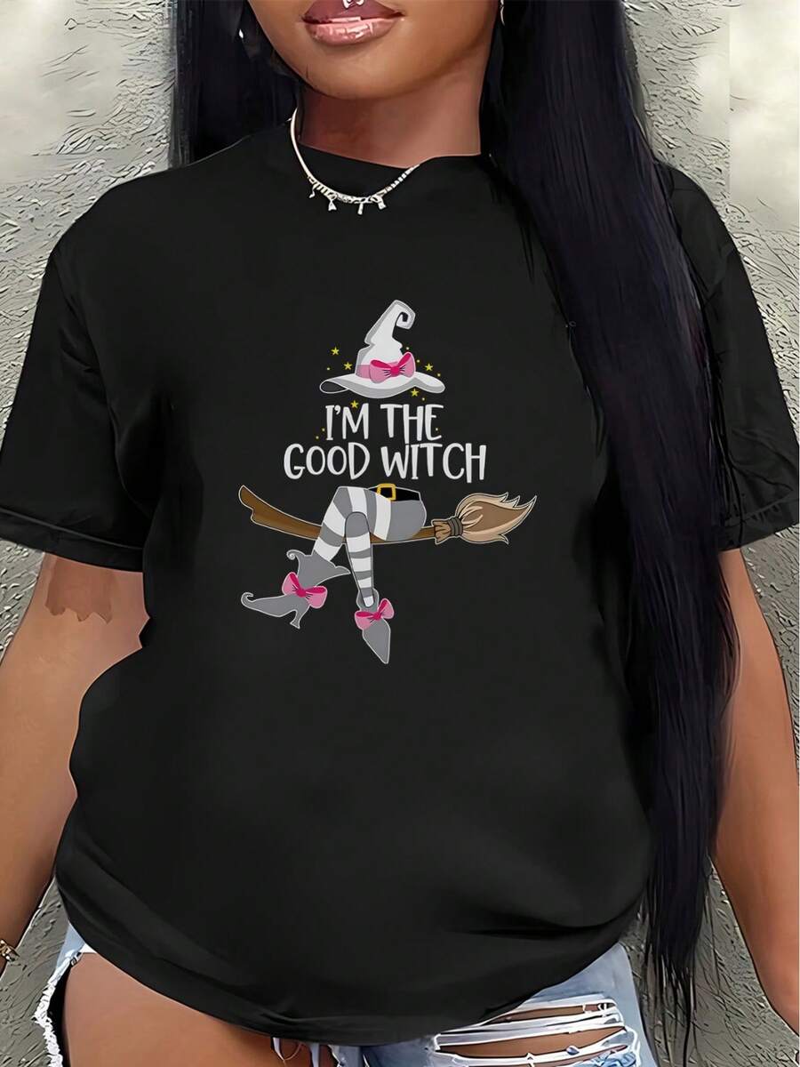 Camiseta de manga corta, decorada con un diseño de "Soy una buena bruja", ligera y duradera, adecuada para fiestas de Halloween, uso diario y atuendos festivos, con divertidos estampados de brujas intercalados. - Negro - Ver 1