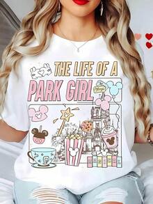 Camisetas Gráficas "La Vida de una Chica del Parque" para Mujer, Camiseta de Manga Corta con Temática de Parque de Diversiones, Camisetas de Verano para Mujer, Conjuntos Casuales de Corte Holgado para Vacaciones, Camiseta con Diseño de Castillo Mágico y Snacks, Cuello Redondo Cómodo para Verano y Viajes - Blanco - Ver 1