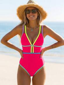 popvil Áo tắm liền thân màu hồng neon kẻ sọc dành cho nữ, dây chéo sau lưng, thích hợp cho kỳ nghỉ hè, đi biển. - Màu Hồng Tươi - Xem 4