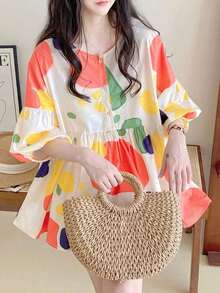 YUXIN ¡Artículo imprescindible para las vacaciones de primavera/verano! Blusa holgada tipo babydoll para mujer, con estampados coloridos y puños con volantes únicos, diseño de manga 3/4 para un uso talla grande fresco, ¡a la moda y cómoda! - Rojo y amarillo - Ver 4