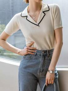 Top Tejido Con Cuello De Solapa Y Ribete En Contraste - Blanco - Ver 9