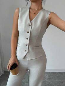 Traje de oficina elegante y estiloso para mujer con chaleco sin mangas de cuello en V con diseño de lazo en la cintura y pantalón recto de unicolor - Albaricoque - Ver 7