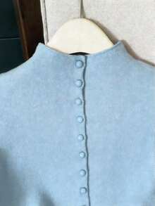Suéter de mujer de punto con cuello alto, diseño de botones, sin mangas, suelto y casual, color rojo, para primavera/otoño - Celeste - Ver 5