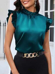 Blusa de satén de unicolor con mangas de tapa para uso diario, blusas sin mangas - Agua verde azul - Ver 4
