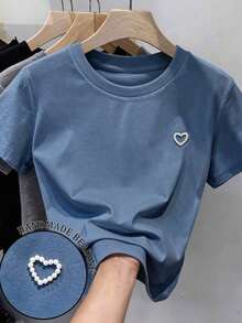 Camiseta de manga corta de unicolor con decoración de tachuelas en forma de corazón, de uso versátil y casual - Azul - Ver 1