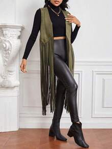Chaleco con detalles de tachuelas y flecos en el bajo para otoño/invierno - Verde militar - Ver 3