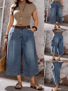Mature Denim Jeans de pierna ancha y suelta de 7/8 de longitud con bolsillos y pliegues para mujer de talla grande - Azul - Ver 8