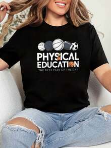 1 camiseta con temática deportiva con la frase "LA EDUCACIÓN FÍSICA ES LA MEJOR PARTE DEL DÍA" impresa, adecuada para mujeres en primavera y verano. Ideal para clases de educación física, entrenamientos deportivos, desplazamientos de profesores de deportes y actividades en el campus. Adecuada para uso diario en la calle con un toque de estilo. 180g 100% Algodón. - Negro - Ver 6