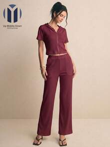 Conjunto Casual de Dos Piezas para Mujer: Top con Cierre y Pantalón de Pierna Ancha - Ideal para Primavera/Verano - Color caoba - Ver 4