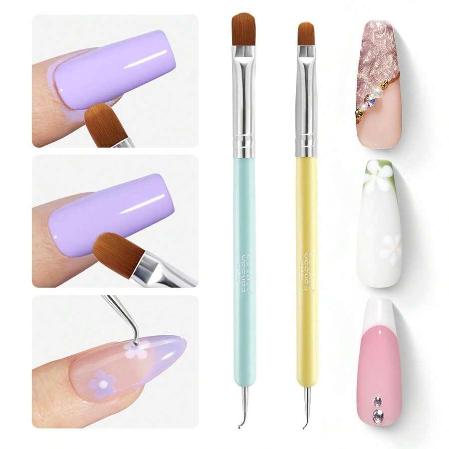 Beetles 2PCS Nail Art Clean Up Brushes, Size 6+16 Acrylic Nail Brush, Dotting Tool French Tip Manicure Design Brushes - Yellow - View 1