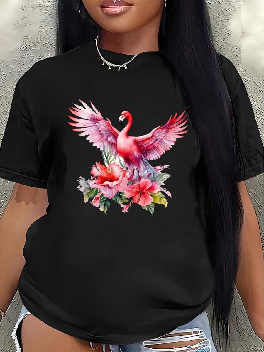 This Lightweight And Durable Short-Sleeved T-Shirt, Designed With Pink Flamingo And Floral Prints, Is Perfect For Casual Outings At Home, In The Park, Or At A Restaurant, Offering A Comfortable Everyday Wear Experience. Women's Casual Blouse - 黑色 - 查看 1